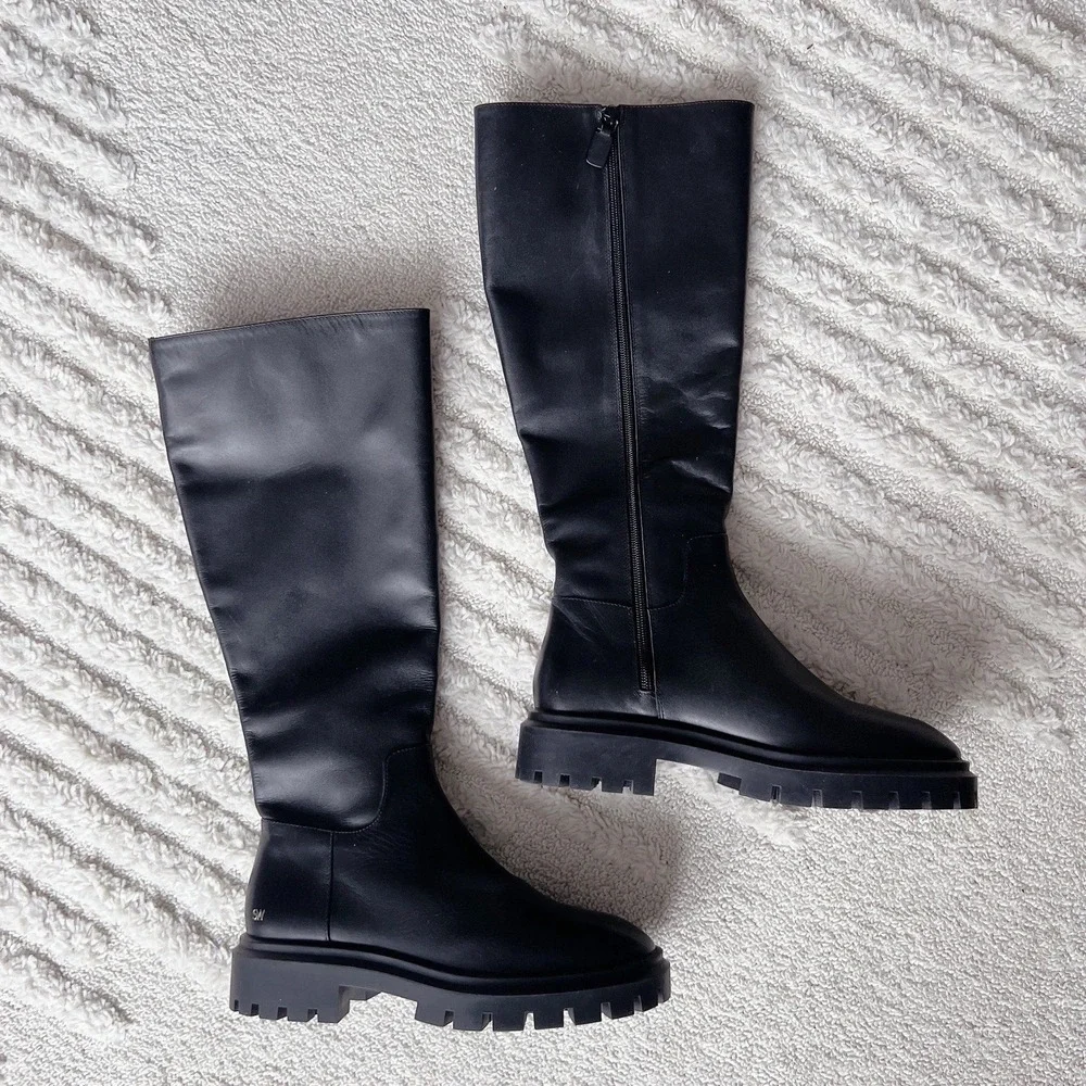 Stuart Weitzman Ultra Lug Platform Knee High Boots Black Leather US 11 MSRP $850